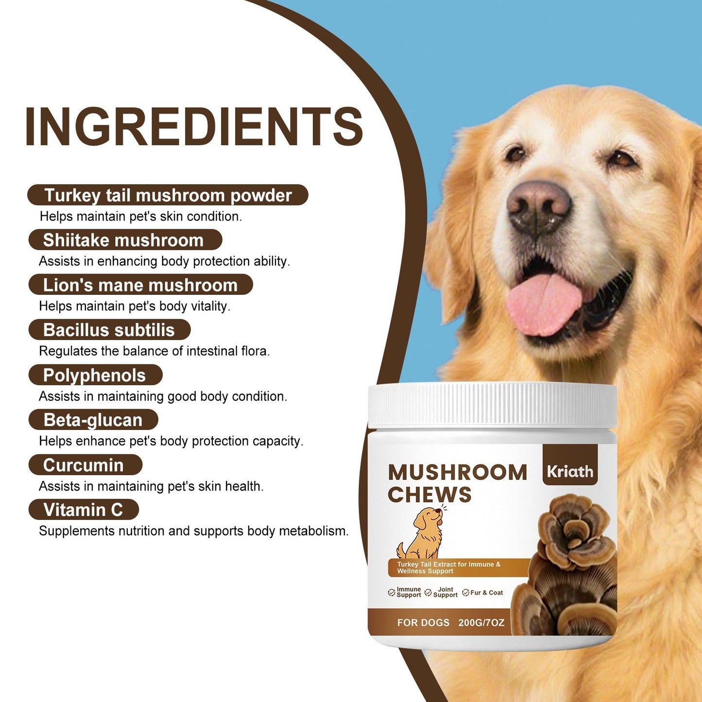 Kriath Mushroom Chewable Tablets For Dogs - Mild Formula For Daily Care And Nutritional Balance For Dogs