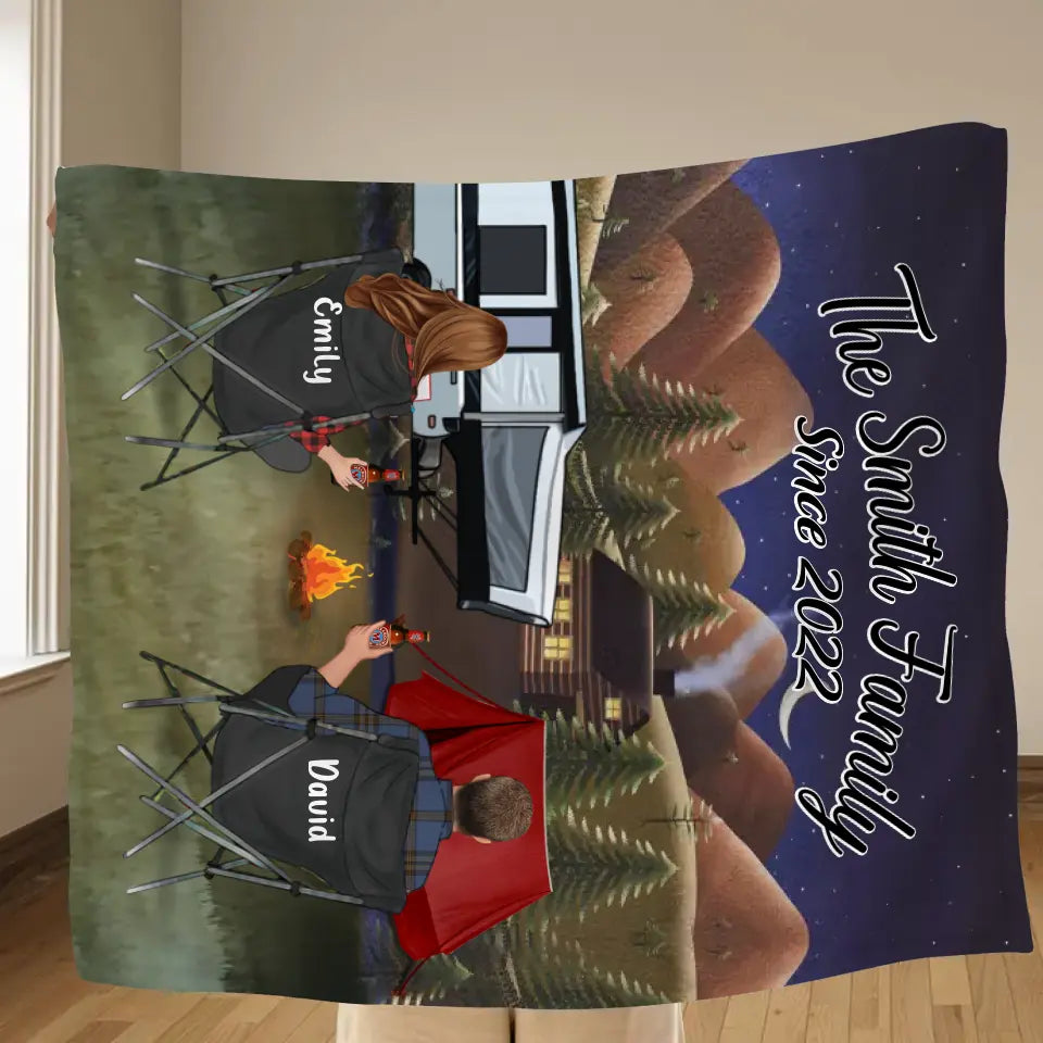 Custom Camping Quilt/Fleece Throw Blanket - Gift Idea For Couple, Camping Lovers, Family - Up to 3 Kids, 3 Pets - The Smith Family