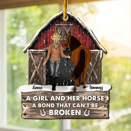 Personalized Horse Lover Red Barn Christmas Acrylic Ornament - Gift Idea For Horse Mom - A Girl And Her Horse A Bond That Can't Be Broken
