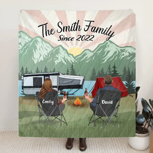 Custom Camping Quilt/Fleece Throw Blanket - Gift Idea For Couple, Camping Lovers, Family - Up to 3 Kids, 3 Pets - The Smith Family Since 2022
