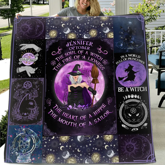 Personalized Witch Fleece Throw Blanket & Quilt - Halloween Gift Idea For Witch Lovers - October Woman The Soul of A Witch The Fire Of A Lioness