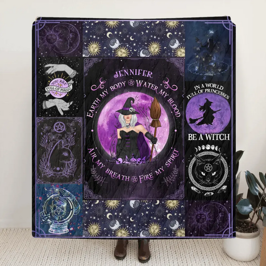 Personalized Witch Quilt/Fleece Throw Blanket - Halloween Gift Idea For Witch Lovers - Earth My Body Water My Blood Air My Breath Fire My Spirit
