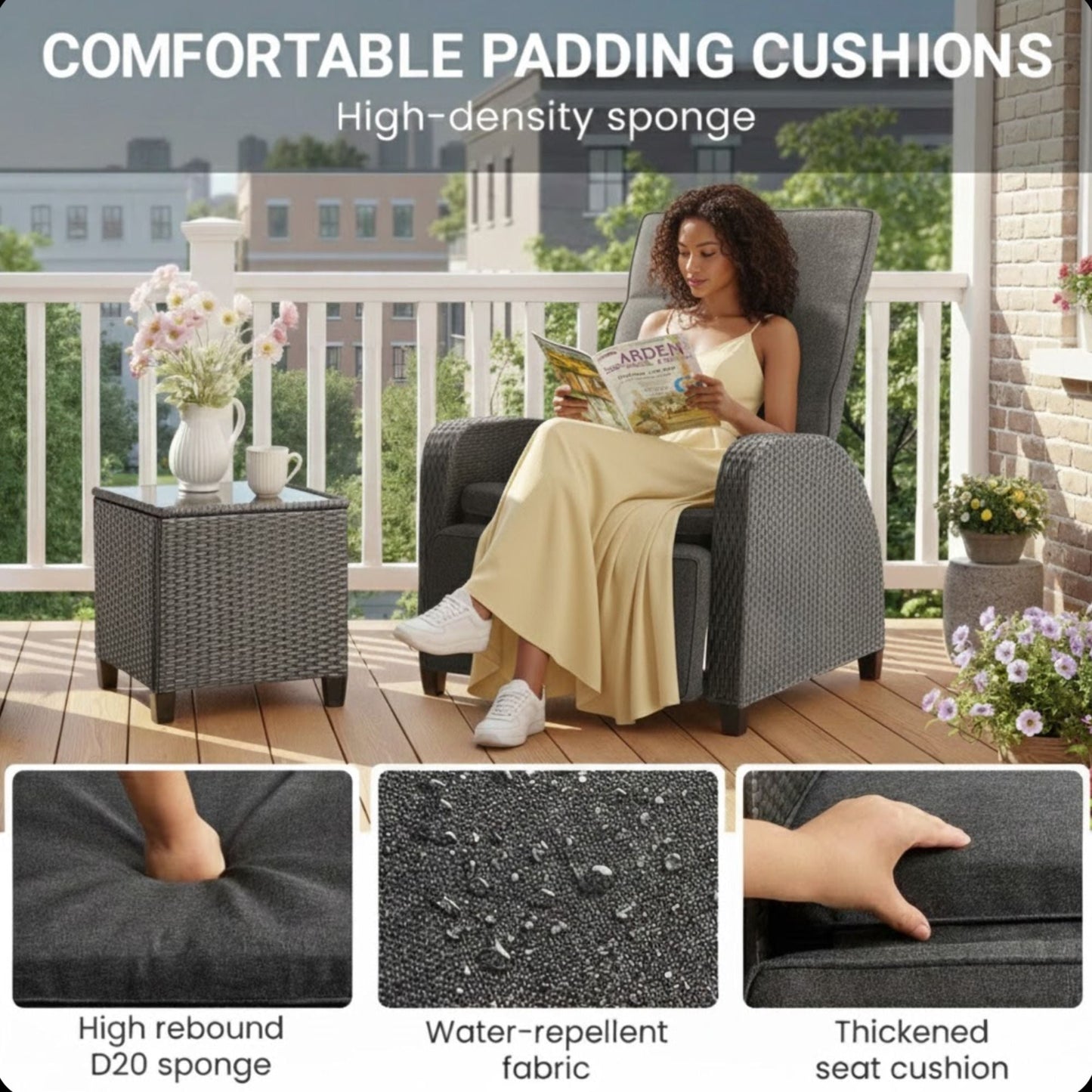 Adjustable Outdoor Lounge Chair, Plush Cushions & Extendable Footrest - Gray