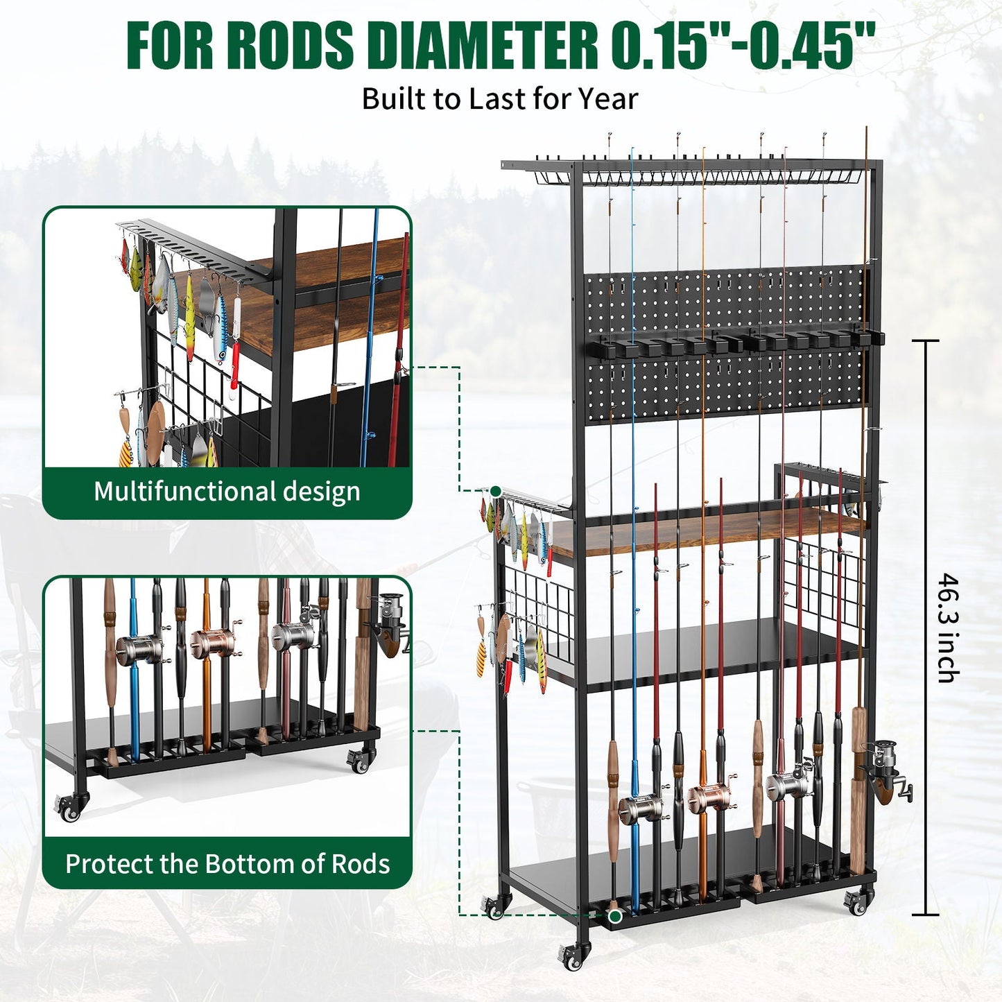 Fishing Rod Storage Rack With Pegboard, Rolling Tackle Organizer Cart - Black