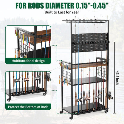 Fishing Rod Storage Rack With Pegboard, Rolling Tackle Organizer Cart - Black