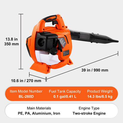 Leaf Blower, 26CC 2-Cycle Handheld with Vacuum and Collection Bag