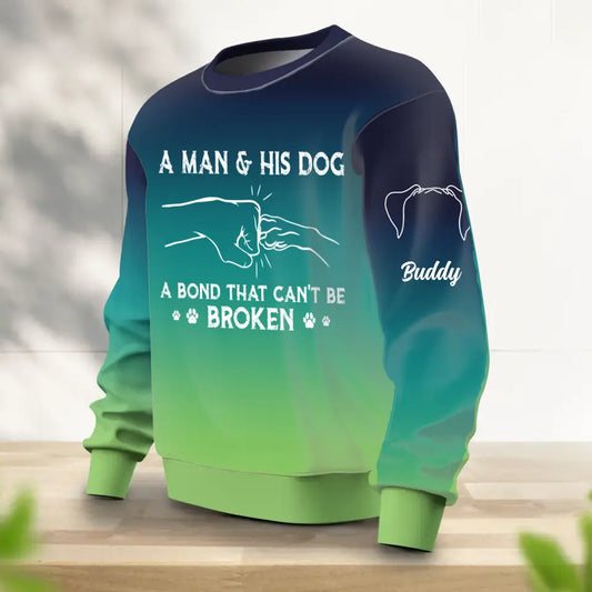 Personalized Dog Dad Blue and Green Ombre Sweater - Up to 3 Dogs - Christmas Gift for Dog Lovers - A Man & His Dog A Bond That Can't Be Broken