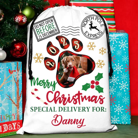 Custom Upload Pet Photo Santa Sack - Gift Idea For Christmas/Pet Lovers - Merry Christmas Special Delivery For Pet's Name
