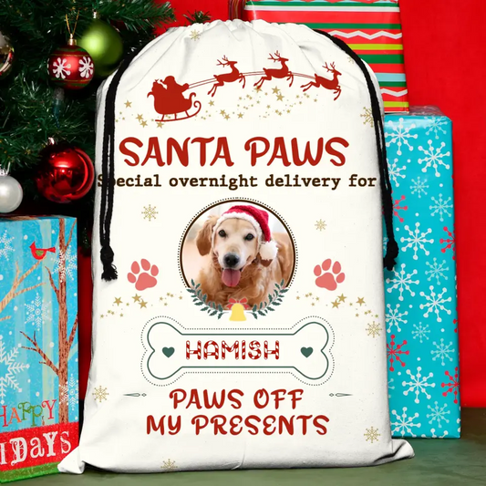 Custom Upload Pet Photo Santa Sack - Gift Idea For Christmas/Pet Lovers - Santa Paws Special Overnight Delivery