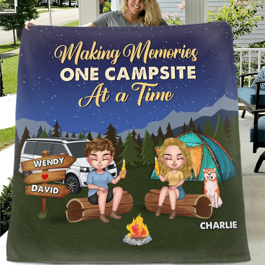 Personalized Camping Fleece Throw Blanket & Quilt - Gift Idea For Couple/Dog Lovers - Making Memories One Campsite At A Time