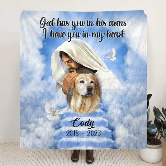 Personalized Memorial Pet Fleece Throw Blanket & Quilt - Upload Photo - Memorial Gift Idea For Pet Owners - God Has You In His Arms I Have You In My Heart