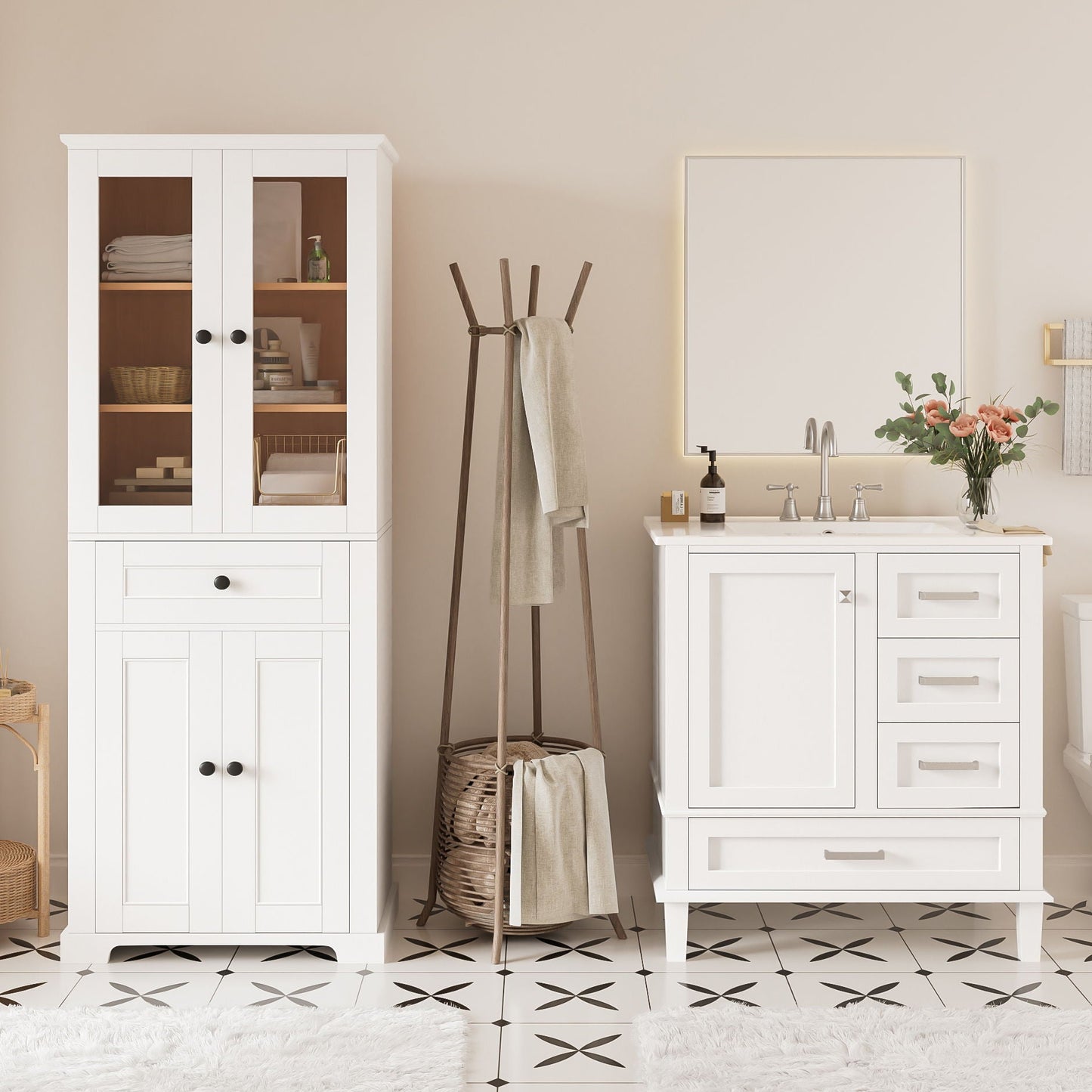 Bathroom Vanity & Tall Storage Cabinet Set With Doors, Adjustable Shelves, Soft Close Hinges, Sink