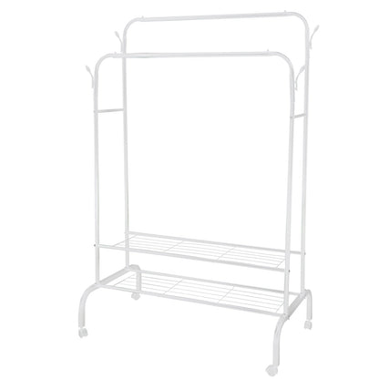 Garment Hanging Rack Clothing Hanging Rail Pillow Shoe Display Organizer Clothes Organizer Stand with 2 Rails 2 Shelves 4 Rolling Wheels 4 Hooks