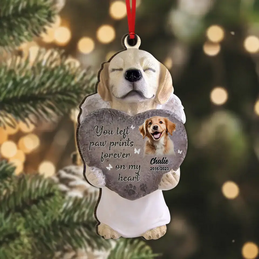 Personalized Dog Memorial Wooden Ornament - You Left Paw Prints Forever On My Heart - Upload Dog Photo - Memorial Gift Idea For Christmas/Dog Owner