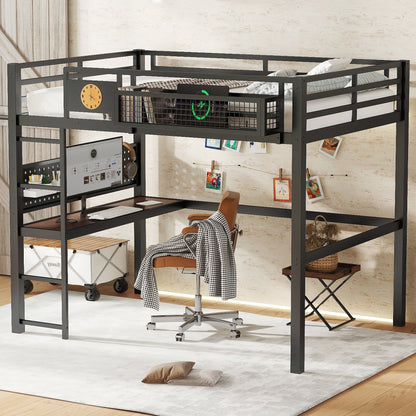 Full Size Loft Bed Frame with Desk and Charging Port
