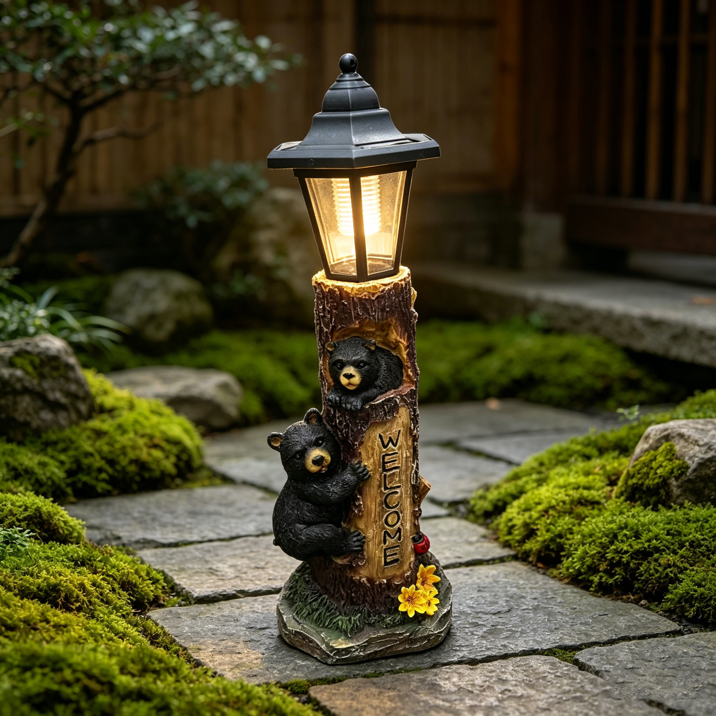 Solar-Powered Bear Welcome Statue