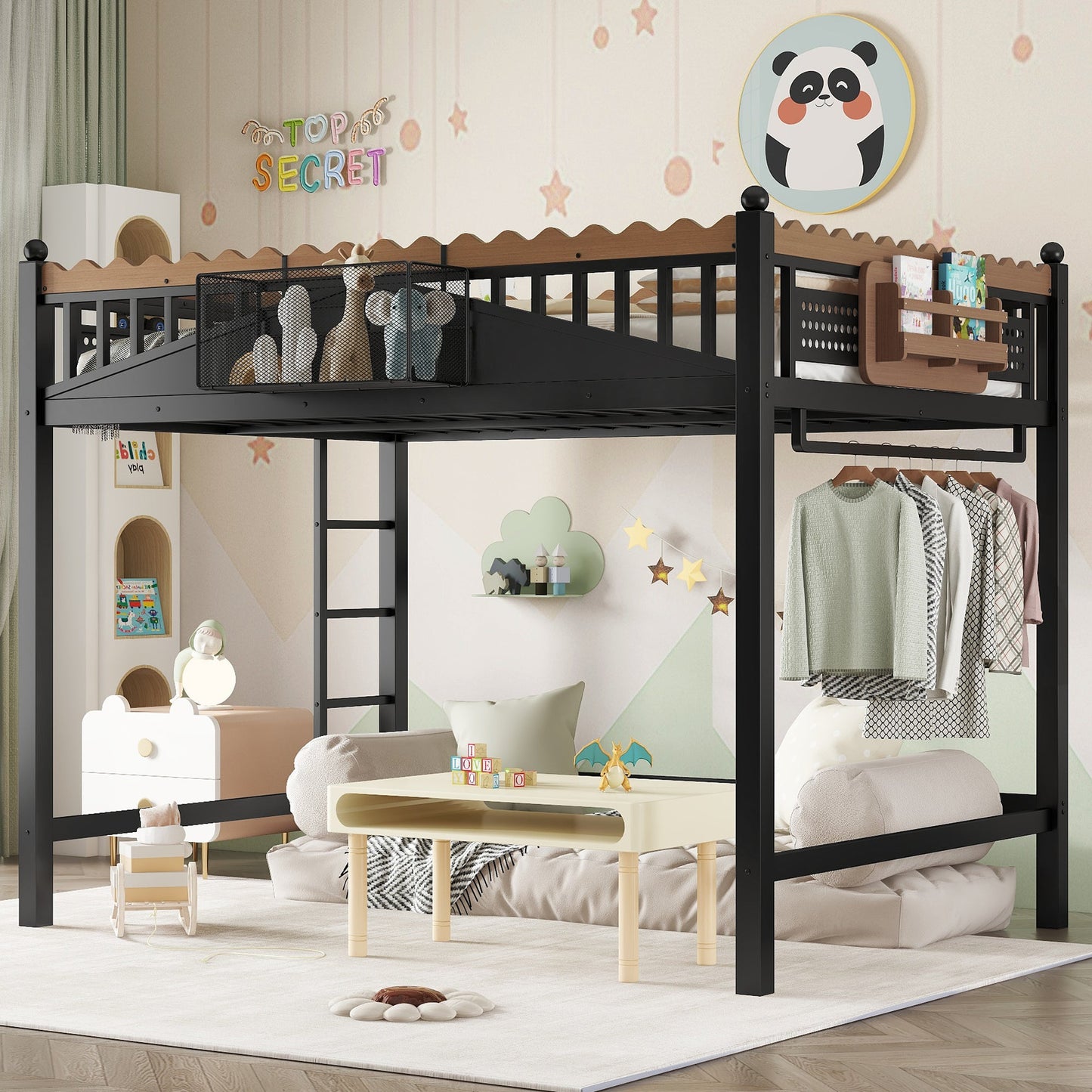 Full Size Loft Bed with Ladders and Storage Shelves