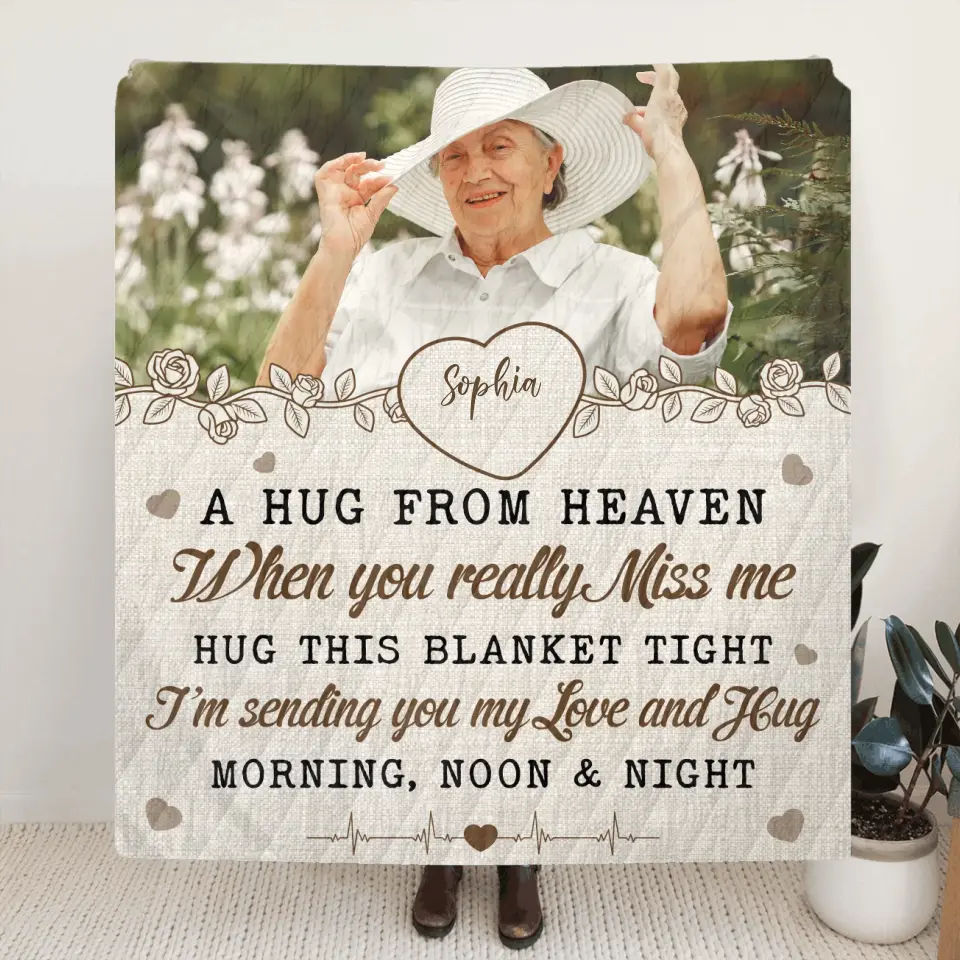 Personalized Memorial Fleece Throw Blanket & Quilt - Upload Photo - Memorial Gift Idea For Family Member - A Hug From Heaven