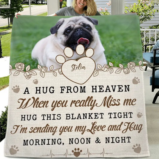 Personalized Memorial Pet Fleece Throw Blanket & Quilt - Upload Photo - Memorial Gift Idea For Pet Owners - A Hug From Heaven