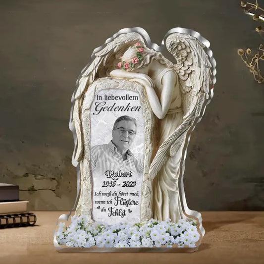 Personalized In Loving Memory Acrylic Plaque - Memorial Gift Idea For Christmas/Family Member - Upload Photo - Ich weiß du hörst mich, wenn ich flüstere du fehlst (German Version)
