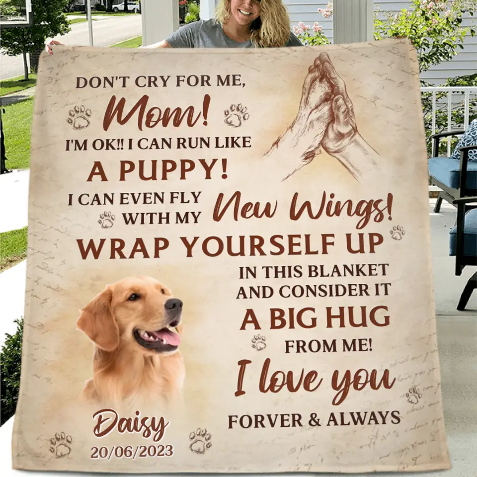 Personalized Memorial Dog Photo Quilt/Fleece Throw Blanket - Memorial Gift Idea for Dog Owners - Don't Cry For Me Mom! I'm Ok!