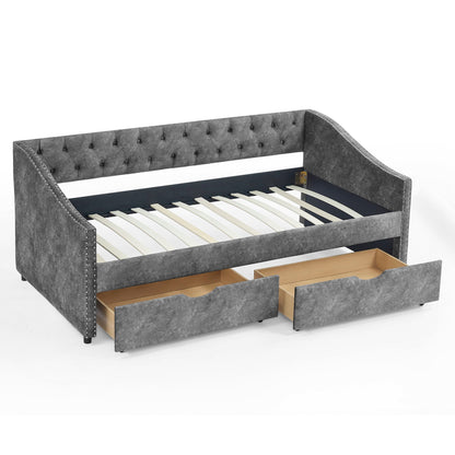 Upholstered Tufted Daybed With 2 Drawers, Waved Arms