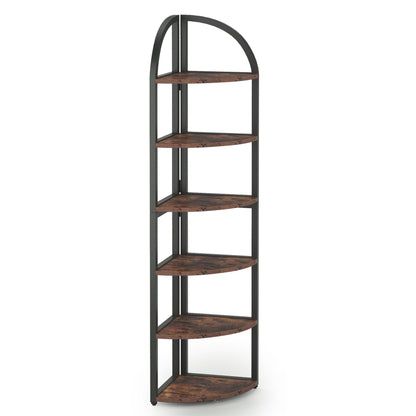 Tall 6 Tier Corner Shelf, Freestanding Bookshelf For Living Room - Rustic Brown