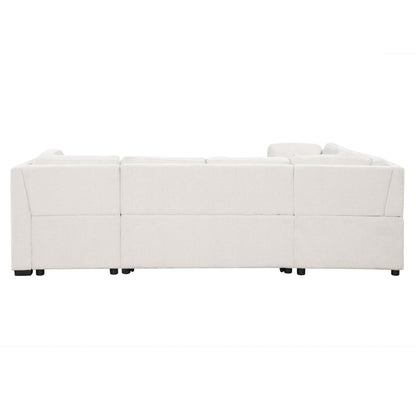 U-Shaped Sectional Sofa Pull Out Sofa Bed With Two USB Ports, Two Power Sockets, Three Back Pillows And A Storage Chaise For Living Room