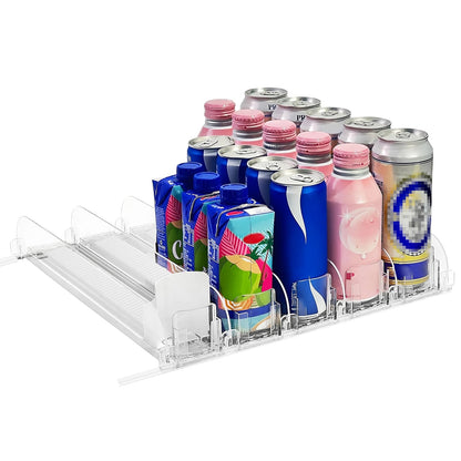 Drink Organizer for Fridge Spring Loaded Beverage Dispenser Width Adjustable Drink Holder with Automatic Pusher Glide 5 Rows Hold up to 25 Cans Bottle