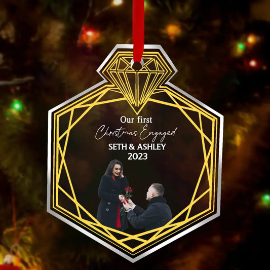 Personalized Couple Rings Acrylic Ornament - Upload Photo - Christmas Gift For Couple - Our First Christmas Engaged