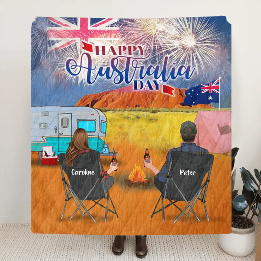 Personalized Camping Happy Australia Day Quilt/Fleece Blanket - Couple/Parents With Up to 3 Kids And 4 Pets - Gift Idea For Camping Lover