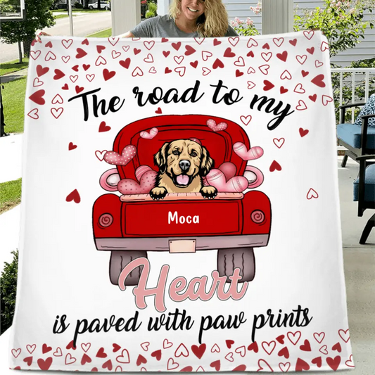 Personalized Dog Quilt/Fleece Throw Blanket - Up to 5 Dogs - Gift Idea For Dog Lover - The Road To My Heart Is Paved With Paw Prints