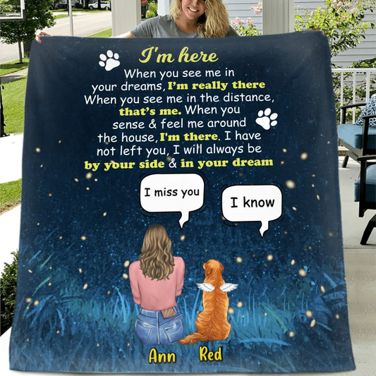 Personalized Memorial Dog Mom Quilt/Fleece Blanket - Up to 4 Dogs - Gift Idea For Dog Lover - I'm Here