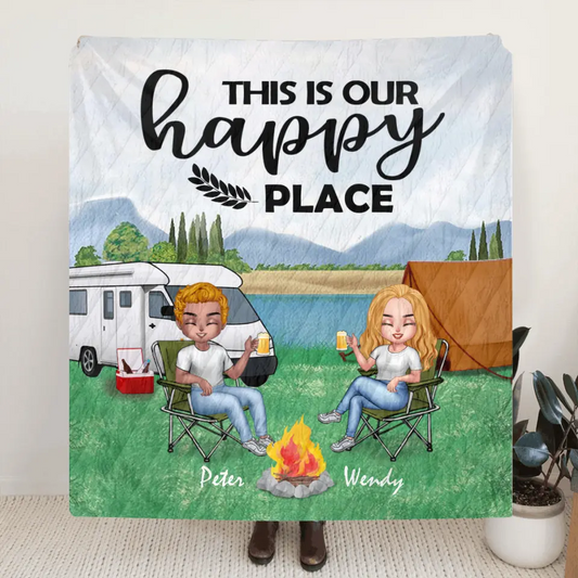 Personalized Camping Chibi Quilt/Fleece Blanket - Couple With Up to 3 Dogs - Gift Idea For Dog/Camping Lover/Couple - This is Our Happy Place
