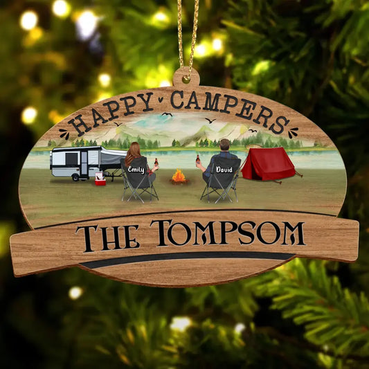 Personalized Camping Wooden Ornament - Couple/Parents With Up to 3 Kids And 2 Pets - Gift Idea For Camping Lovers/Family - Happy Campers