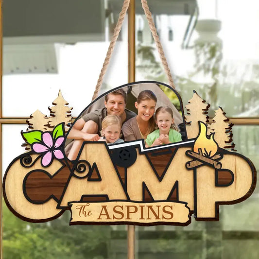 Personalized Camping Family Wooden Sign - Upload Photo - Gift Idea For Couple/Camping Lovers - The Aspins