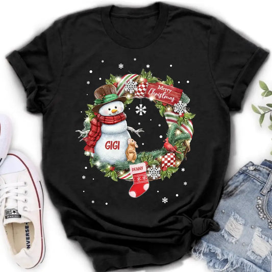 Personalized Grandma Mom Snowman Christmas Wreath Shirt/Hoodie - Christmas Gift For Grandma/Nana/Mother -  Up to 10 Kids
