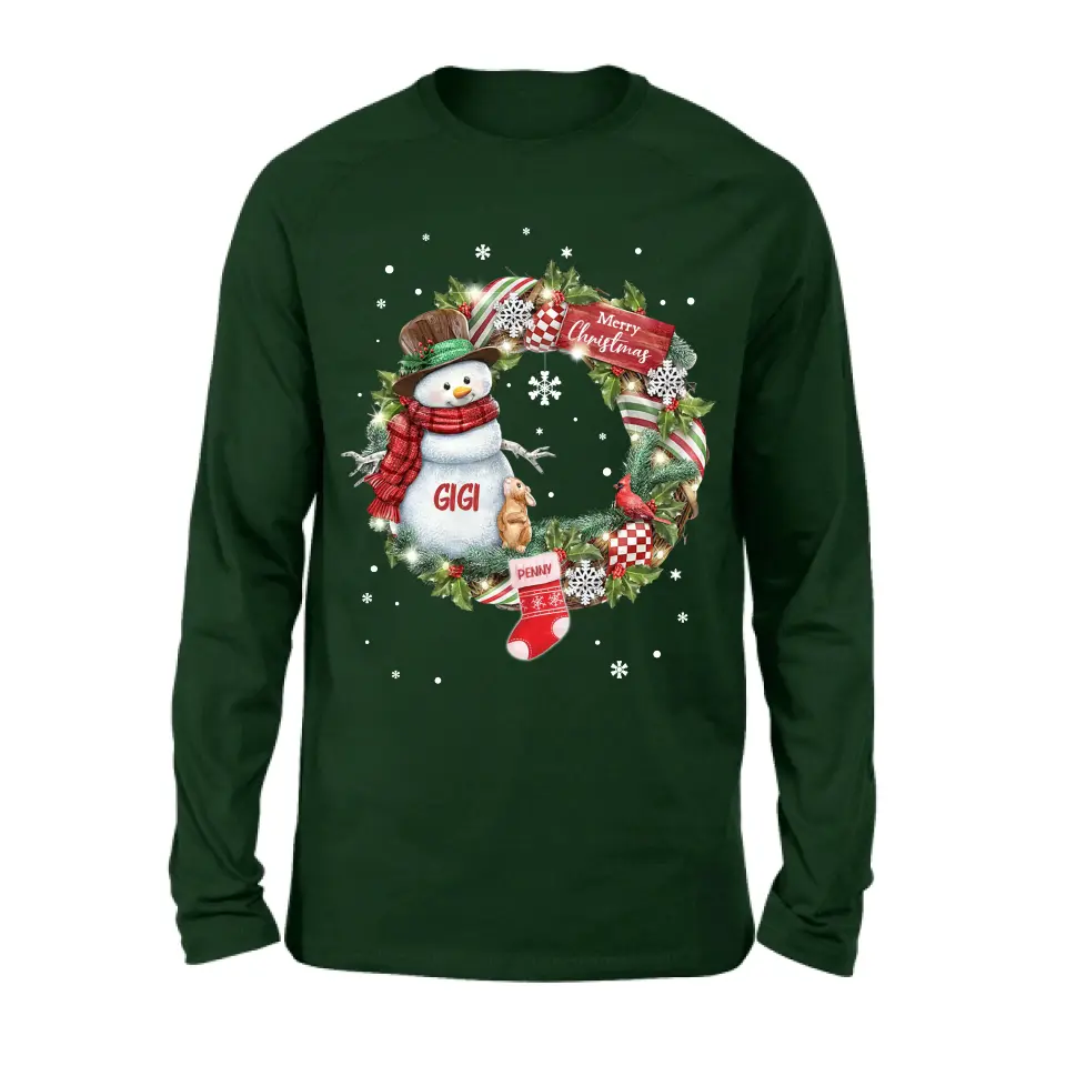 Personalized Grandma Mom Snowman Christmas Wreath Shirt/Hoodie - Christmas Gift For Grandma/Nana/Mother -  Up to 10 Kids