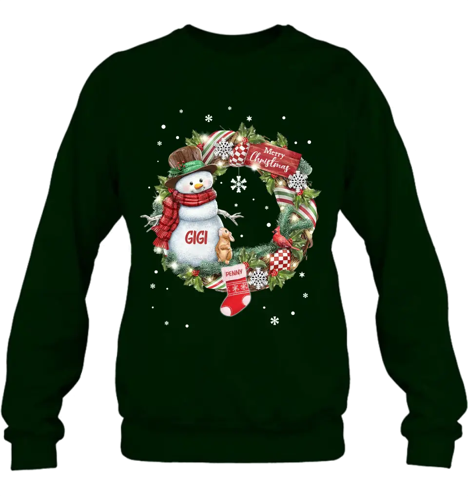 Personalized Grandma Mom Snowman Christmas Wreath Shirt/Hoodie - Christmas Gift For Grandma/Nana/Mother -  Up to 10 Kids