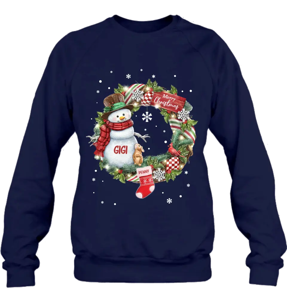 Personalized Grandma Mom Snowman Christmas Wreath Shirt/Hoodie - Christmas Gift For Grandma/Nana/Mother -  Up to 10 Kids
