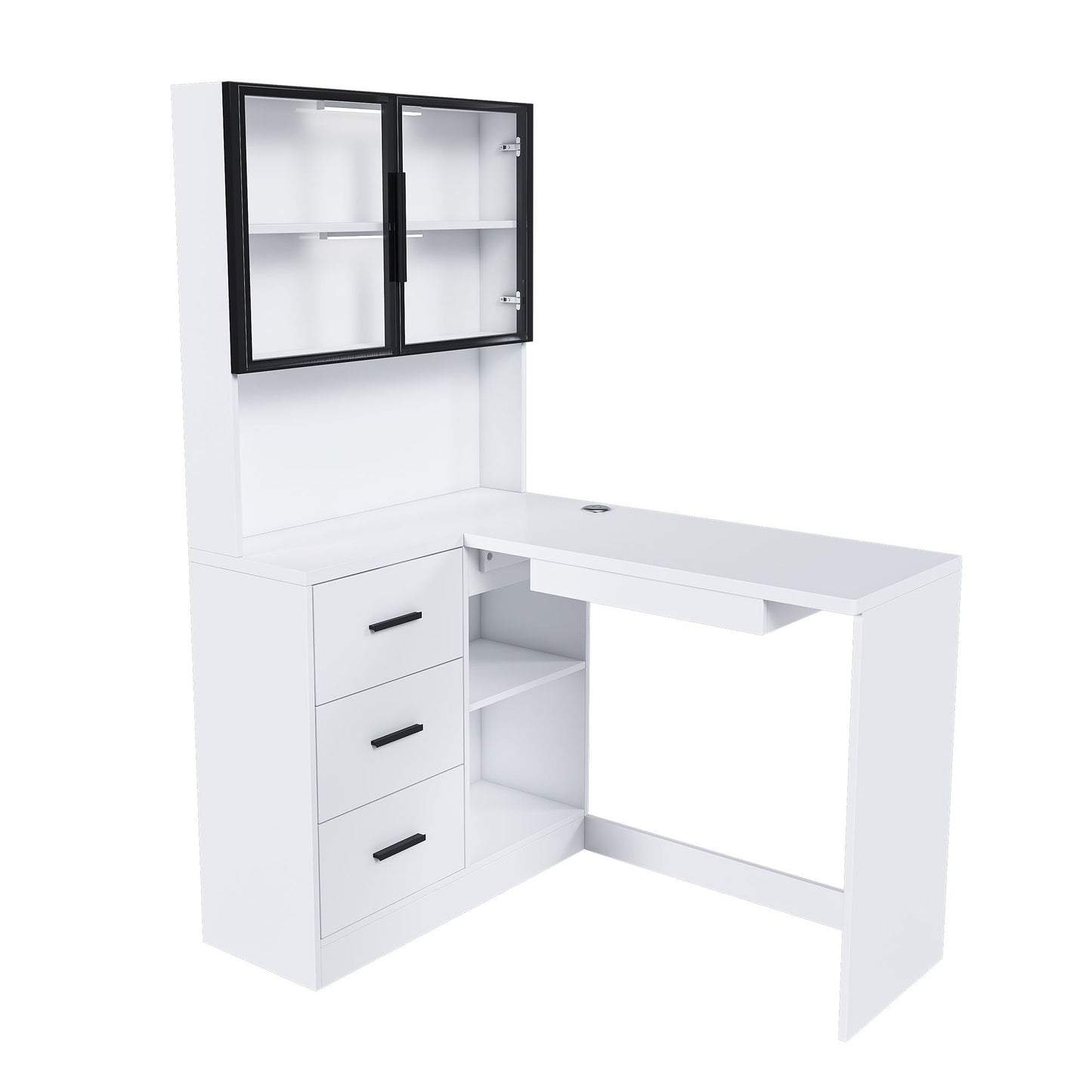 L-Shaped Computer Desk with Glass Cabinets, Built-In LED Lights, and USB Charging Ports