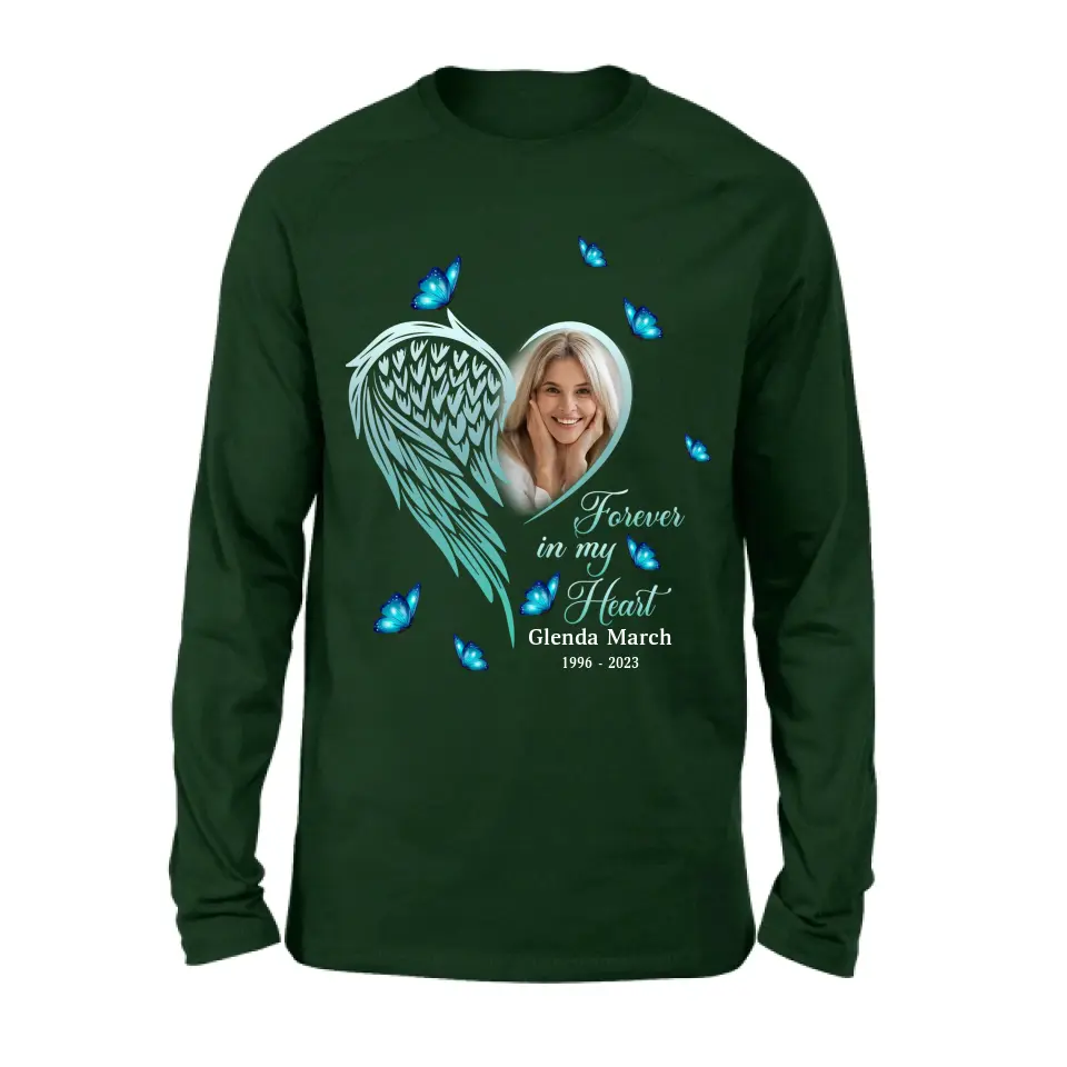 Personalized Memorial Wing Heart Shirt/Hoodie - Upload Photo - Memorial Gift Idea For Family - Forever In My Heart