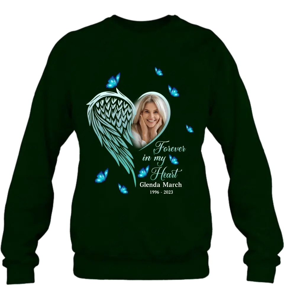 Personalized Memorial Wing Heart Shirt/Hoodie - Upload Photo - Memorial Gift Idea For Family - Forever In My Heart