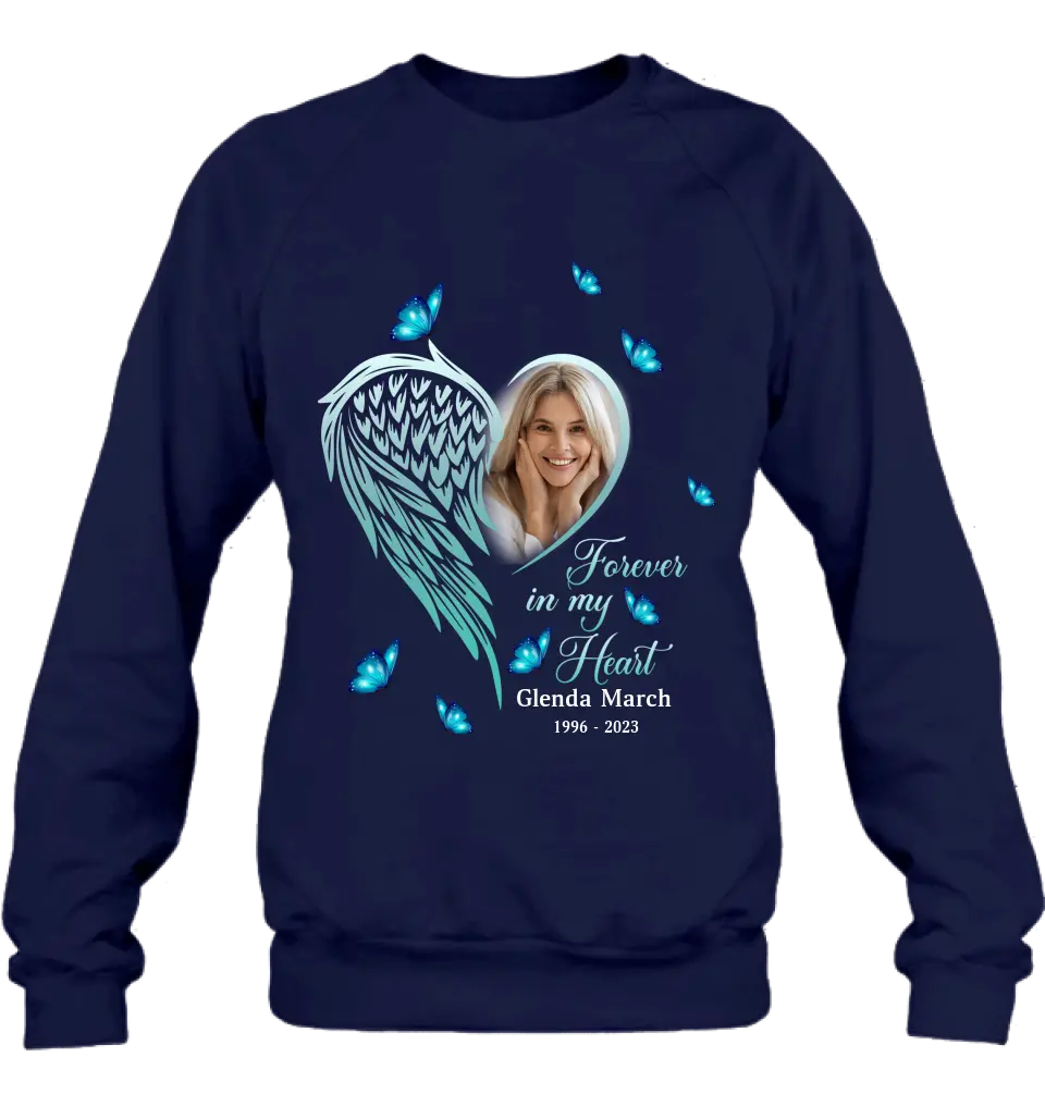 Personalized Memorial Wing Heart Shirt/Hoodie - Upload Photo - Memorial Gift Idea For Family - Forever In My Heart