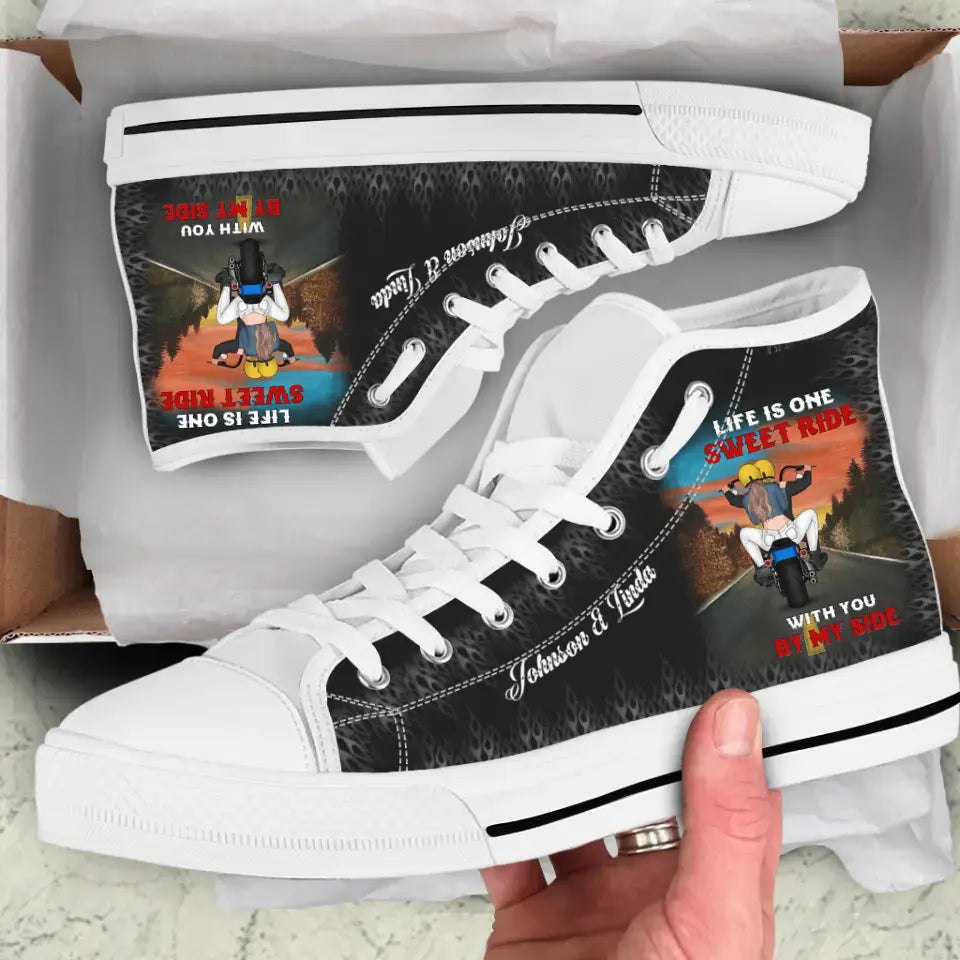 Personalized Riding Couple High Top Canvas Shoes - Gift For Couple/Husband & Wife/Motorcycle Lovers - Life Is One Sweet Ride With You By My Side