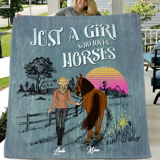 Personalized Horse Girl Quilt/Fleece Throw Blanket - Gift Idea For Girl/Horse Lovers - Up to 6 Horses - Just A Girl Who Loves Horses