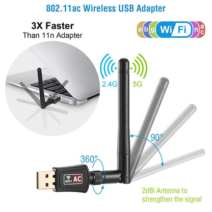 USB WiFi Adapter AC600Mbps 5G/2.4G Dual Band 802.11ac Wireless Network Adapter w/ 2dBi External Antennas For PC Desktop Laptop