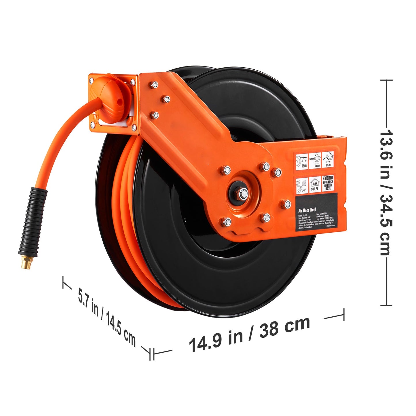 Retractable Air Hose Reel with 3/8 IN x 50 FT Hybrid Hose, Max 300 PSI