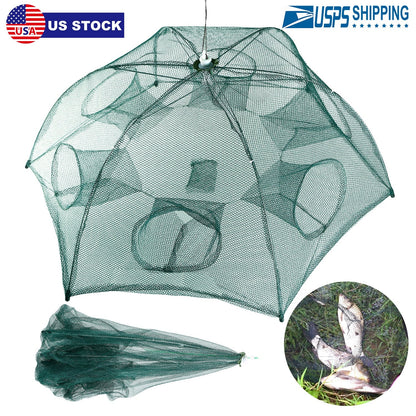 Fishing Trap Net Portable Folded Fishing Bait Trap Shrimp Minnow Crab Bait Net 6 Sides 6 Holes Crayfish Cast Mesh Trap Automatic