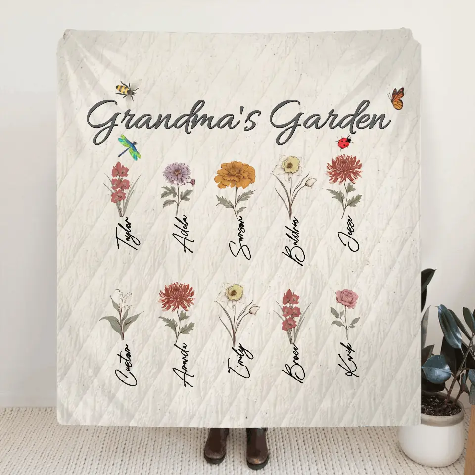 Personalized Grandma's Garden Fleece Throw Blanket/Quilt - Mother's Day Gift Idea For Grandma/Mother - Up to 10 Kids